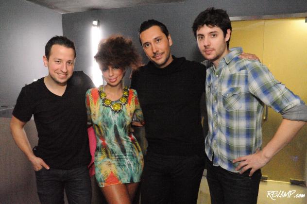 (L-R) Douglas Sonders, Mya, Cedric Gervais & Nicholas Cambata pause for a group photograph after filming the last scene to the "Love is The Answer" music video.